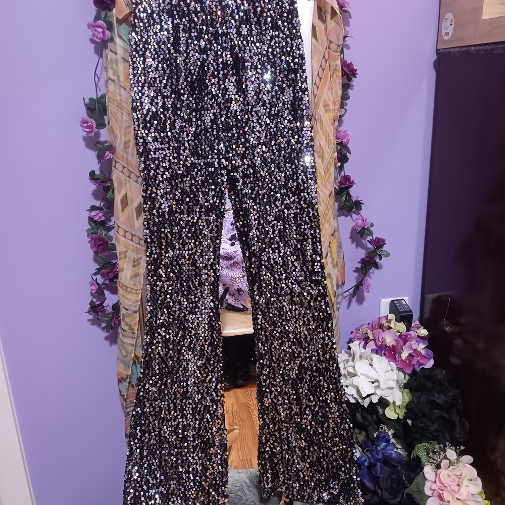 No Boundaries Black and Silver Sequin Flare Pants